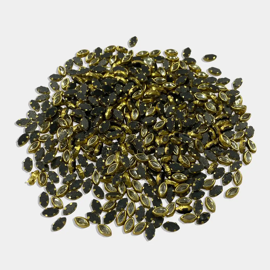 Kundan Stone 6x4mm (6k) White Color Flat Back Framed Eye Shape - 100 grams