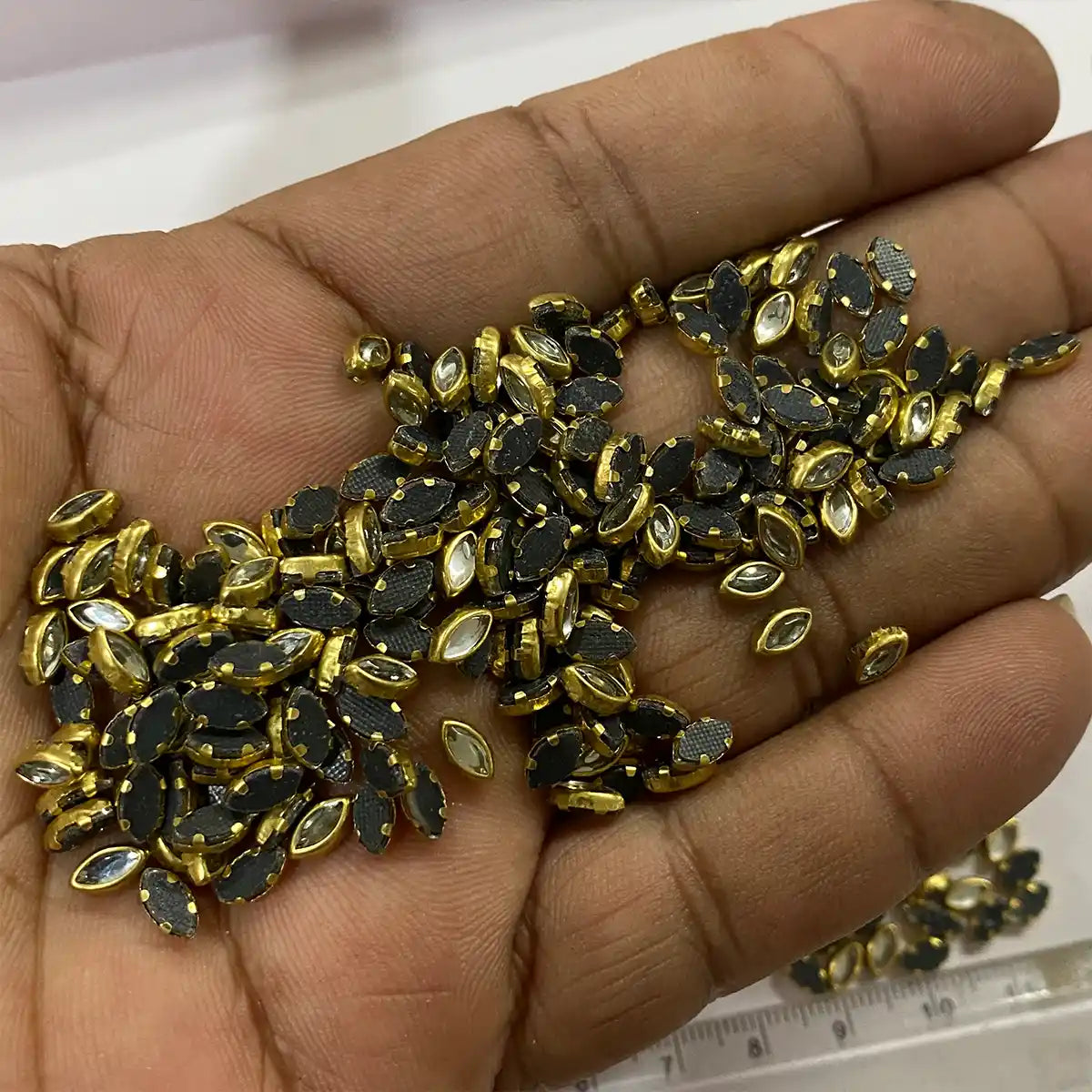 Kundan Stone 6x4mm (6k) White Color Flat Back Framed Eye Shape - 100 grams