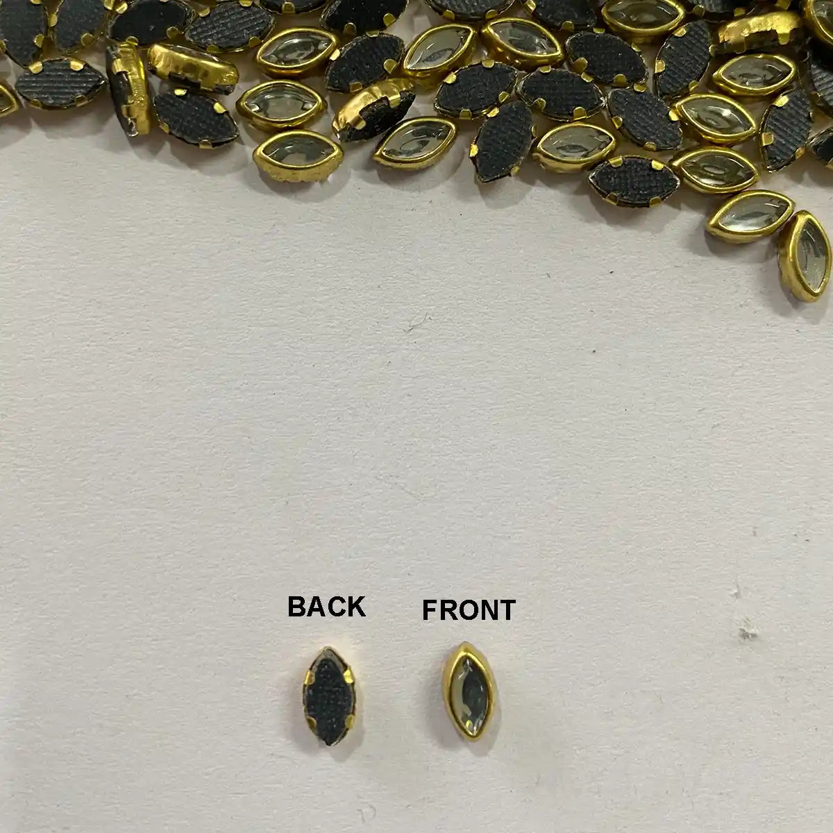 Kundan Stone 6x4mm (6k) White Color Flat Back Framed Eye Shape - 100 grams