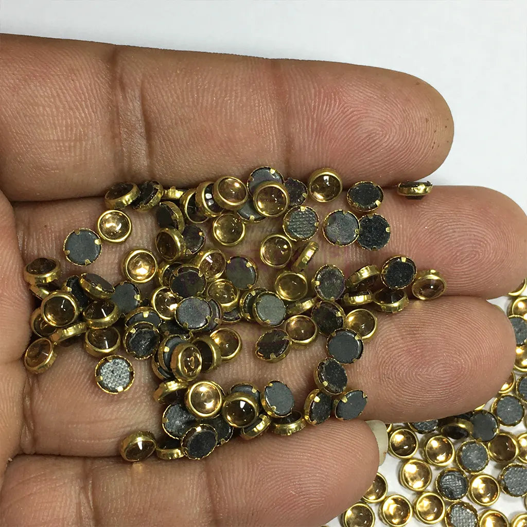 Kundan Stone 5mm Gold Color Flat Back Framed Round Shape - 100 grams