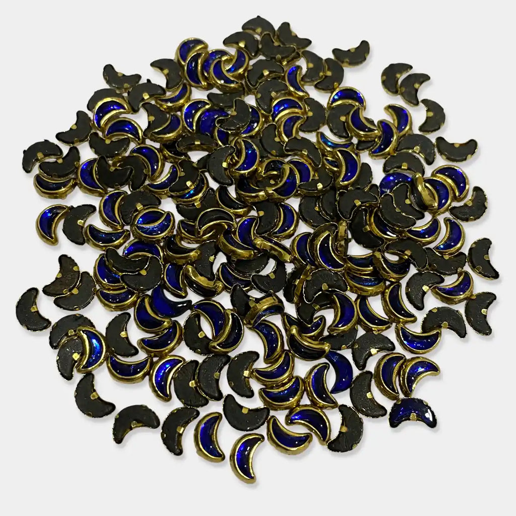Glossy Kundan Stone 6x4mm Blue Color Crescent or Moon Shape - 50 grams