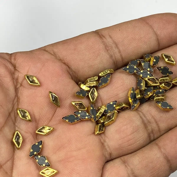 Kundan Stone 8mmX5mm Gold Color Flat Back Framed Diamond or Kaju katli Shape - 100 grams