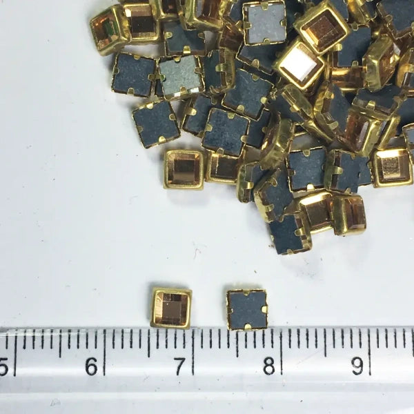 Kundan Stone 4mm Gold Color Flat Back Framed Square Shape Mirror Type - 100 grams